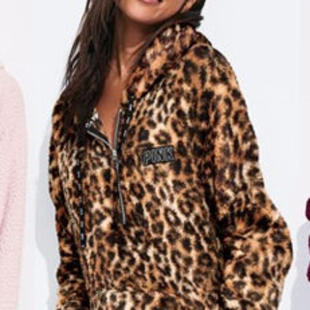 PINK Victoria Secret Cheetah print Sherpa PULLOVER